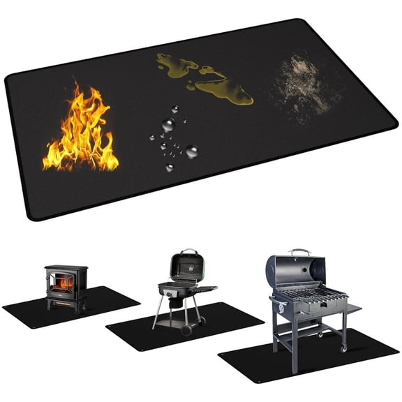 Under Grill Mats 42 x 24 inches Double-Sided Fireproof Fire Pit Mat Fibreglass Floor Mat Silicone Oil-Proof Fireplace Mat Heat Resistant Fireproof Deck Protector Mat for BBQ Camping, 1 Pack