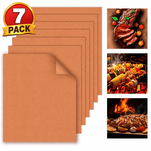 SIISLL 7 Pack Copper Grill Mats, 12"x16" Non-Stick & Reusable for Outdoor BBQ, Gas/Charcoal Grills, Easy Clean, Dishwasher Safe - Perfect for Camping, Backyard, Picnic Family Cooking