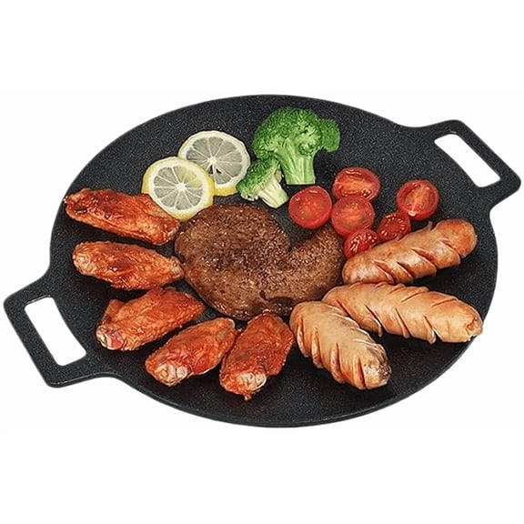 Grill Pan Griddle BBQ Plate, 9.4 Inch Nonstick Korean Style Roasting Tray, Portable Induction and Gas Stovetop Cookware for Outdoor Camping and Home Kitchen Dining