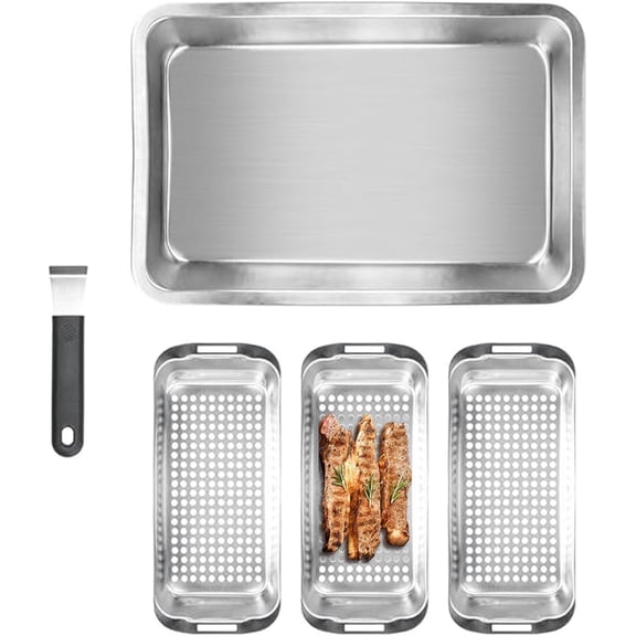 Grill Pans for Outdoor Grill-3 Grilling Baskets|Serving Tray| Clip-on Handle.BBQ Serving Platters with Holes for Grill Fish,Vegetable,Meat and Prep Food Veggie