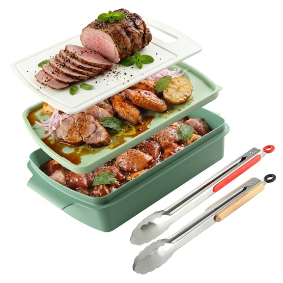 Grill Prep and Serving Trays, 3-in-1 Stackable BBQ Food Tray, 5PCS BBQ Serving Set with Marinating Container, Serving Platter, Cutting Board and 2PCS Colored 12-Inch Grill Tongs (Green)
