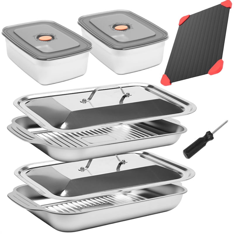 Grill Prep Trays Set Of 8, Stainless Steel Baking Pan with Lid, Grilling Prep and Serve Tays, Cookie Sheets, 2 Marinade Container With Lids, Cutting Board