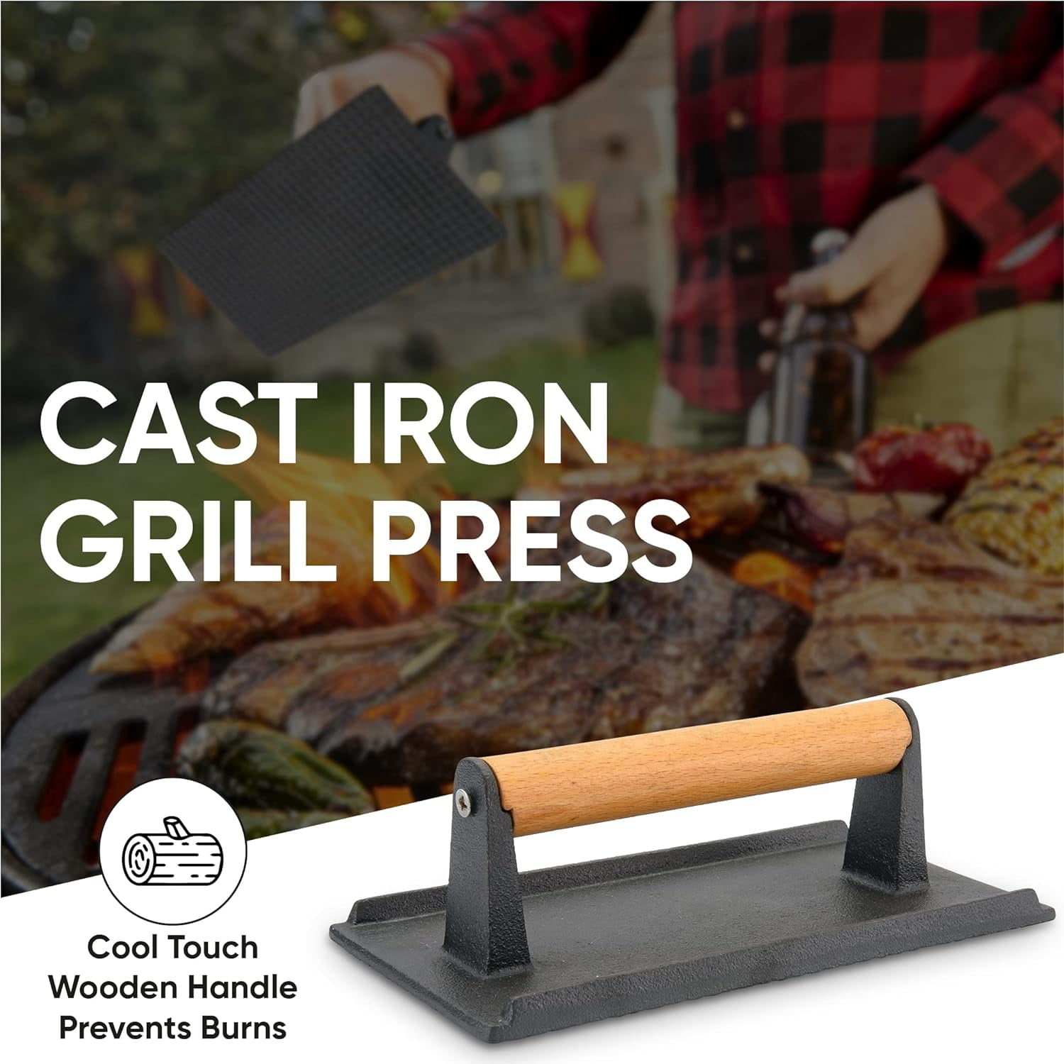 Grill Press Cast Iron 8X4.5In Pre Seasoned With Wood Handle, Heavy