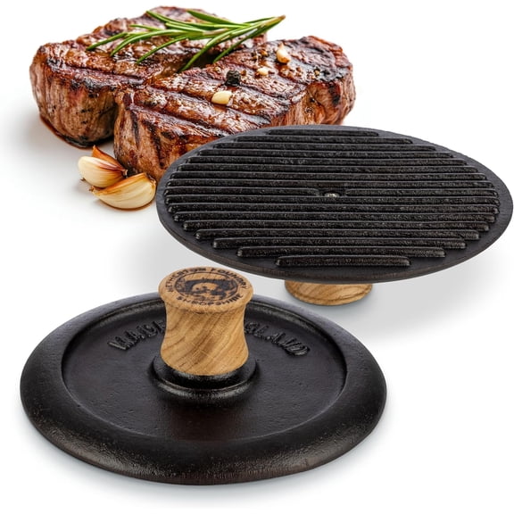 Grill Press and Steak Weight - 7.25 Round Heavy-Duty Cast Iron Burger Press with Wood Handle - Pre-Seasoned Griddle Accessories for Steaks, Burgers, and Bacon - Kitchen Gadgets
