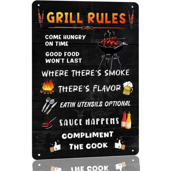 "Grill Rules" Vintage BBQ Metal Tin Sign, Grilling Signs for Outdoor Backyard Decor, Barbecue & Camping, Perfect as a Perfect for Gifting, 8x12 Inch