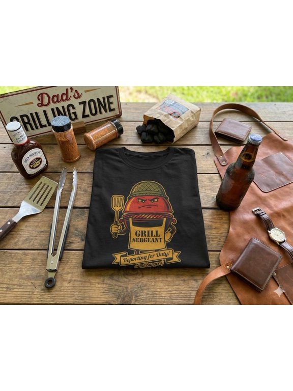 Grill Sergeant T-Shirt Funny BBQ Dad Joke Graphic Tee, Backyard Grilling Humor Shirt, BBQ Gift for Dad Husband Fathers Day