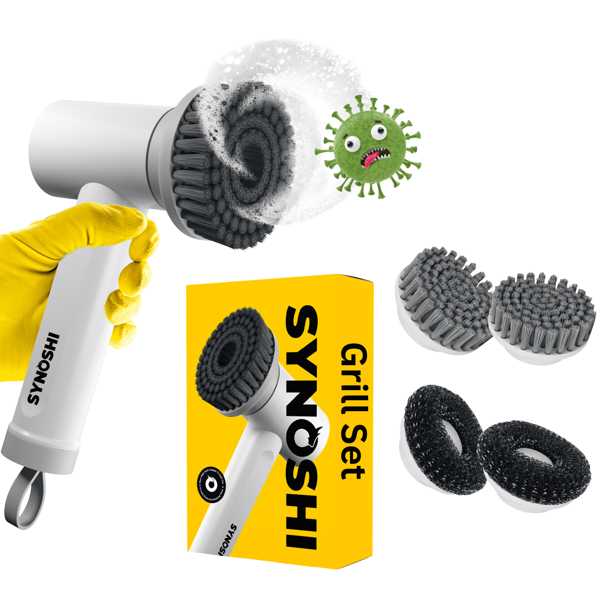 Grill Set | Synoshi | Electric Spin Scrubber with Additional Round \u0026 Steel Brush Heads
