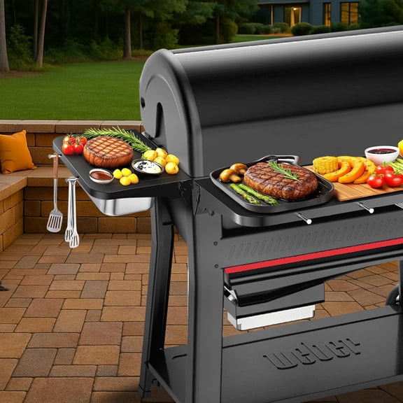 Grill Side Table Shelf for  Searwood 600/600XL - Foldable BBQ Prep Station with Cutting Board, Stainless Steel Basin & Hooks