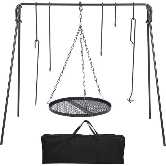 Grill Swing Hanging Campfire Cooking Stand with Folding Round Iron Grill Grate, Large Camping Cooking Rack Equipment with Hooks and Accessories for Outdoor BBQ Picnic Cookware, Dutch Oven