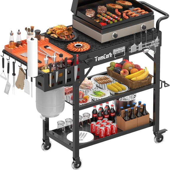 Grill Table with 3-Tier Storage Shelves Lockable Wheels Grill Cart with Silicone Grill Mat Heavy Duty Outdoor Tabletop Griddle Stand Holds 500Lbs Fits 22 BBQ Grill
