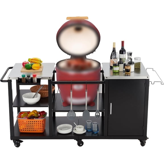 Grill Table for Egg Style Kamado Griller, Heavy Duty Outdoor Grill Station Prep Table, Spacious 20x24 Inch Prep Surfaces, Storage Compartments and Tool Hooks
