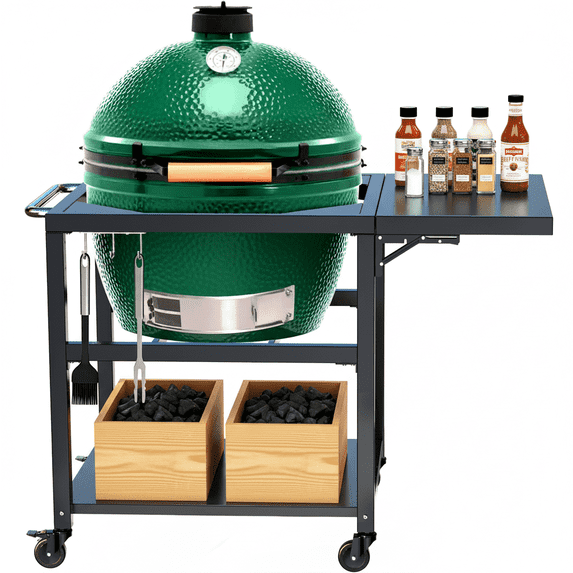 GOOSECHEF Black XL grill table for Big Green Egg stand, outdoor grill nest compatible with XLarge Big Green Egg