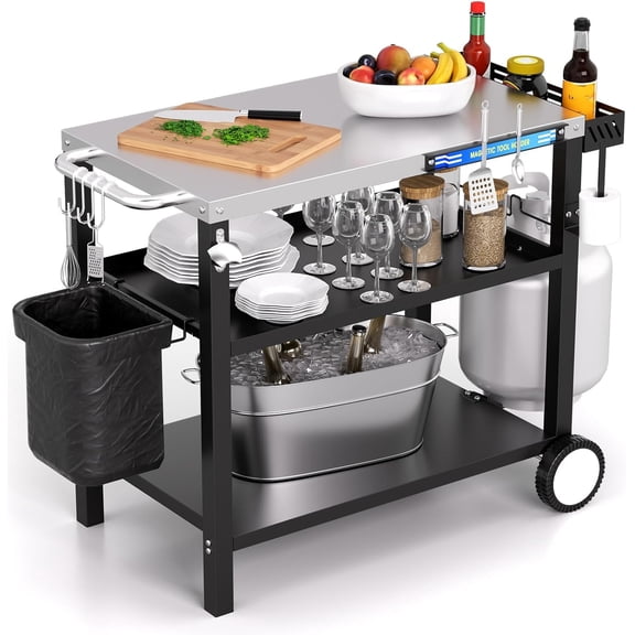 Grill Table, Stainless Steel Grill Cart with Three-Shelf, Movable Pizza Oven Table with Side Tray Trash Bag Holder, Outdoor Grill Stand with Hooks for Food Prep, Outside Tailgating, Camping