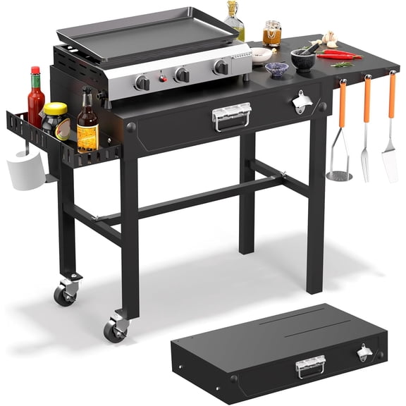 Grill Table, Stainless Steel Grill Cart with Three-Shelf, Movable Pizza Oven Table with Side Tray & Trash Bag Holder, Outdoor Grill Stand with Hooks for Food Prep, Outside Tailgating, Camping