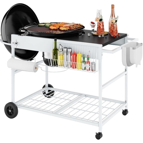 Grill Table for Weber 22" & 18" Original Kettle, Outdor Grill Cart with Wheels, Movable Outdoor Prep Table Cooking Station for JumboJoe and Master-Touch Charcoal Grill