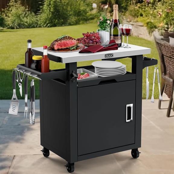 Grill Table with Storage Cabinet, Outdoor Bar Cart Pizza Oven Table with Wheels, Stainless Steel Top Kitchen Island 20