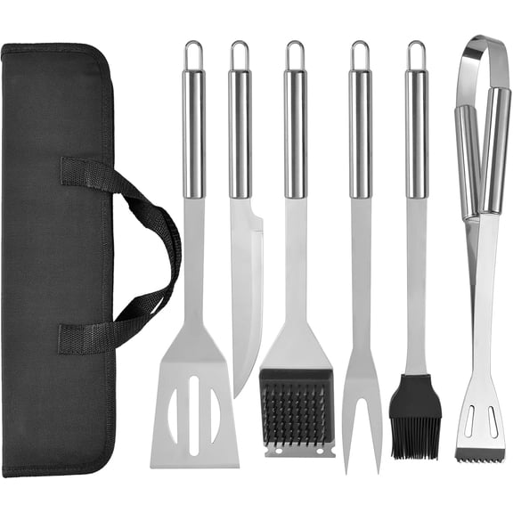 Grill Tools for Outdoor Grill - 7PCS BBQ Tools Grill Utensils with Grill Tong, Fork, Spatula, Basting Brush, Grill Cleaning Brush, Sharp Steak Knife, BBQ Tool Set Grilling Tool Kit