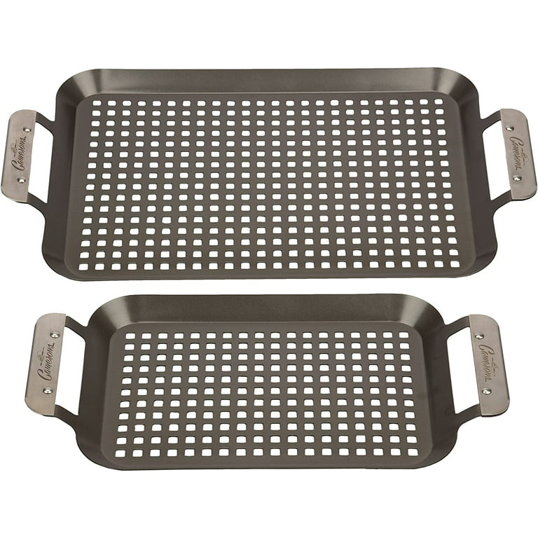 Grill Topper BBQ Grilling Pans (Set of 2) - Non-Stick Barbecue Trays w  Stainless Steel Handles for Meat, Vegetables, and Seafood 