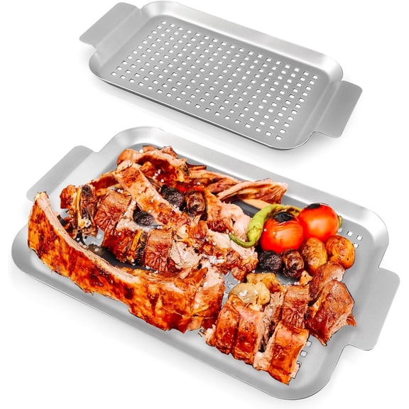 Grill Topper Grilling pans Set of 2, Non- Barbecue Trays, 17" x10" and 13.3"x7.4" Durable Grill Pans with Holes,  Topper Baskets for Barbecue & Smoked Meat, Vegetables & Seafood