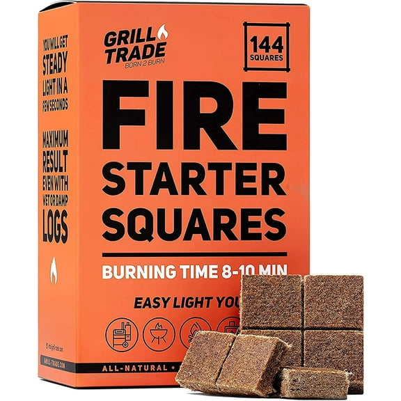 Grill Trade Fire Starter Squares 144, Easy Burn Your BBQ Grill, Camping Fire, Wood Stove, Smoker Pellets, Lump Charcoal - Fireplace Cubes - Ideal Barbeque Accessories