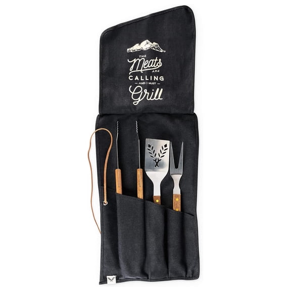 Grill Utensils Set - 3pc BBQ Tools for Outdoor Grill - Stainless Steel Grill Accessories with Wood Handles & Bottle Opener - Camping Barbecue Tools