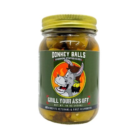 Grill Your As* Off Donkey Balls Habanero Stuffed Olives - All Natural Blend, Made in Texas - 16 Oz Jar