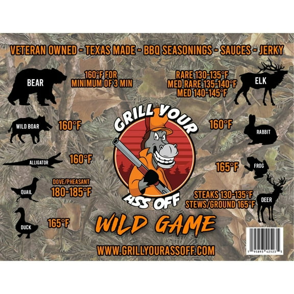 Grill Your Ass Off Wild Game Meat Temperature Guide Magnet - Easy to Read Magnetic Temperature Chart for All Major Game