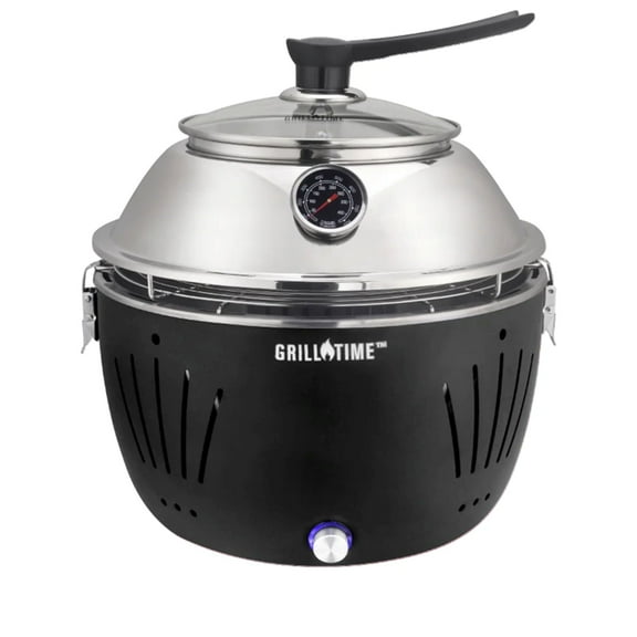 GrillTime Tailgater GT Hood Combo 13 Inch - Portable Charcoal Grill with Hood, Small Tabletop Grill for Tailgate Parties, Camping, Beach BBQ, Grey