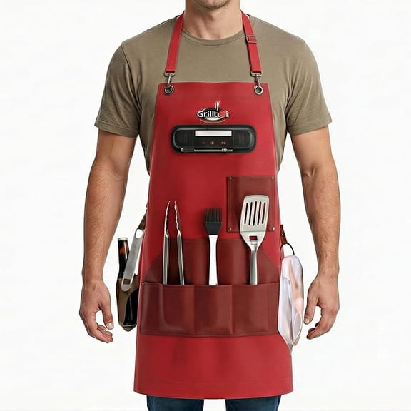 Grillbot Smart bbq Apron for Men with Bluetooth Speaker, LED Light, Thermometer App Alerts, Deep Pockets, Red