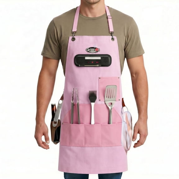 Grillbot Smart BBQ Apron for Men with Bluetooth Speaker, LED Light, App-Connected Thermometer Alerts, Pink
