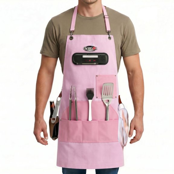 Grillbot Smart BBQ Apron for Men with Bluetooth Speaker, LED Light, App-Connected Thermometer Alerts, Pink
