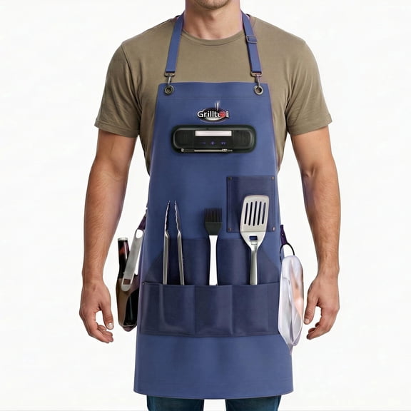 Grillbot Smart Apron Mens BBQ Chef Apron with Pockets, Bluetooth Speaker, Motion LED Light, Thermometer Probe App Alerts, Deep Pockets, Hand Towel, Perfect BBQ Grilling Gift for Men (Blue)