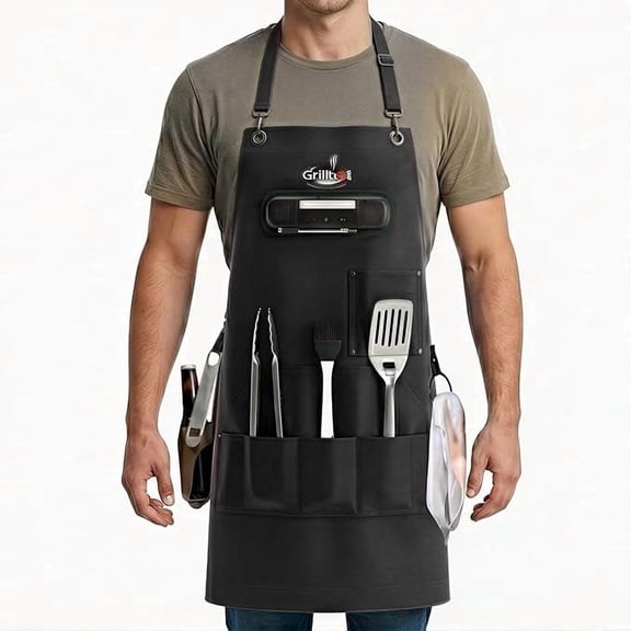 Grillbot Smart bbq Chef Apron for Men's, Bluetooth Speaker, LED Light, Thermometer Probe, App Alerts, Deep Pockets, Hand Towel, Black