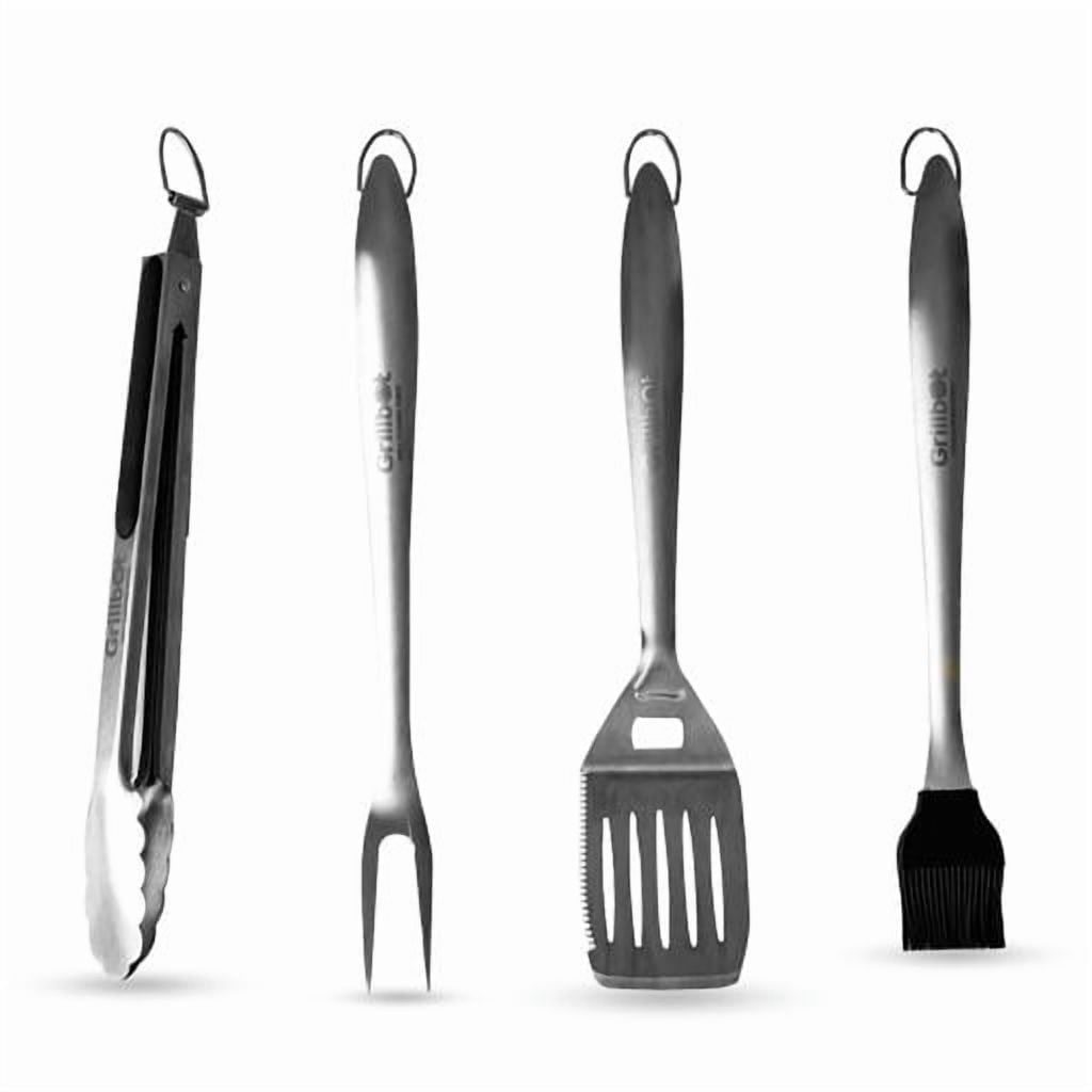 Grillbot 4 Piece Stainless Steel BBQ Grill Tools Set - Tongs, Spatula, Fork, Brush