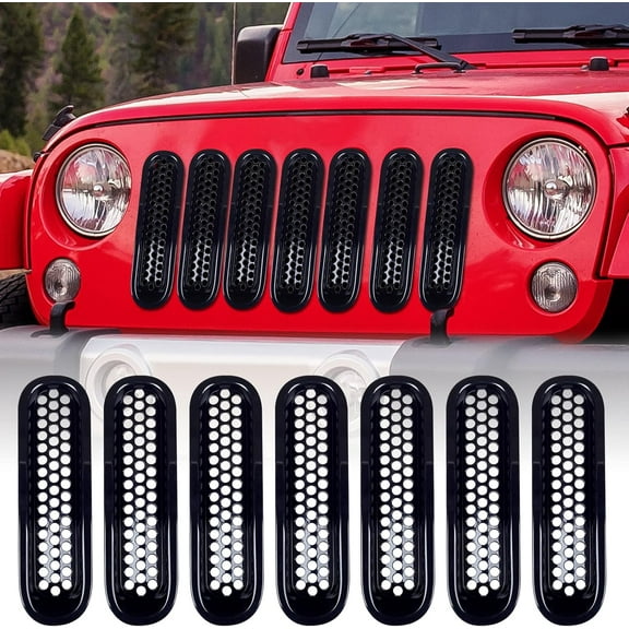 Grille Inserts Compatible With Jeep Wrangler JK JKU 2007-2018, Glossy Black Car Front Mesh Grill Cover Accessories 7 Pcs