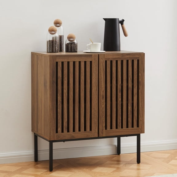 Grille Sideboard Buffet Cabinet, Kitchen Coffee Bar Storage Cupboard, Dining Room Entryway Hallway Organizer, Two Slatted Doors Adjustable Shelves Sturdy Metal Base, Modern Farmhouse Style,
