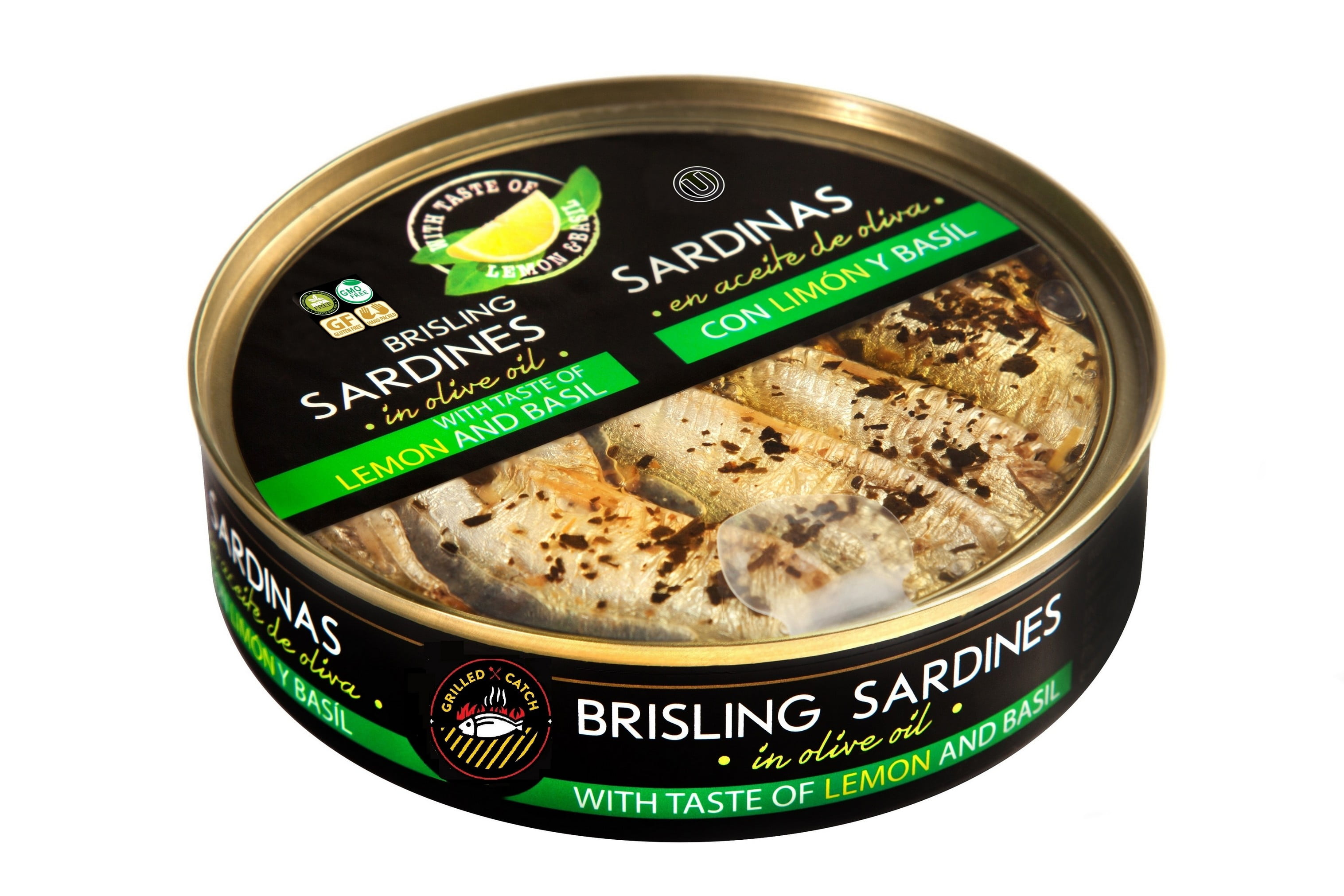 Grilled Catch Brisling Sardines in olive oil with lemon and basil 5.6oz