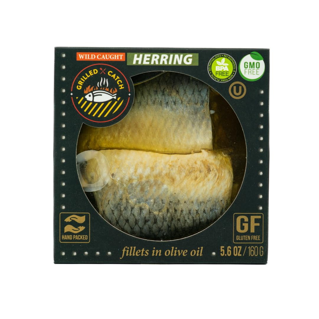 Grilled Catch Canned Herring Fish Fillet in Pure Olive Oil 5.6 oz, Wild Caught North Atlantic Boneless Kosher, Product of Latvia