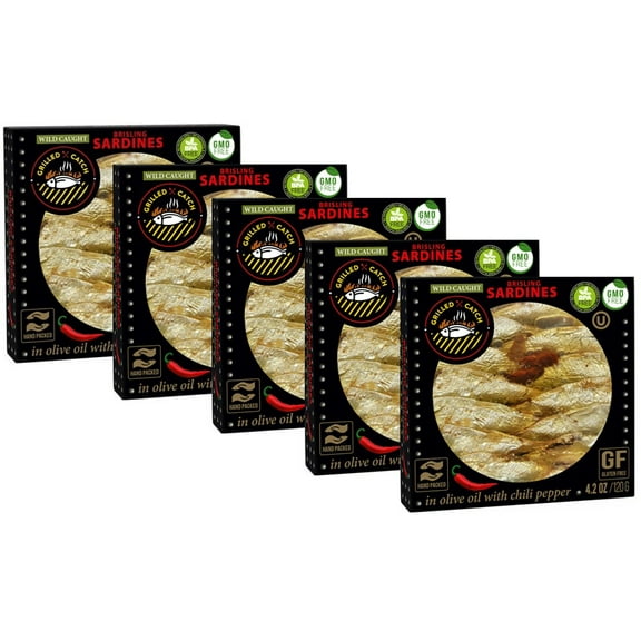 Grilled Catch Wild Caught Brisling Sardines in olive oil with Chilli Pepper, 4.2 Ounce (Pack of 5)