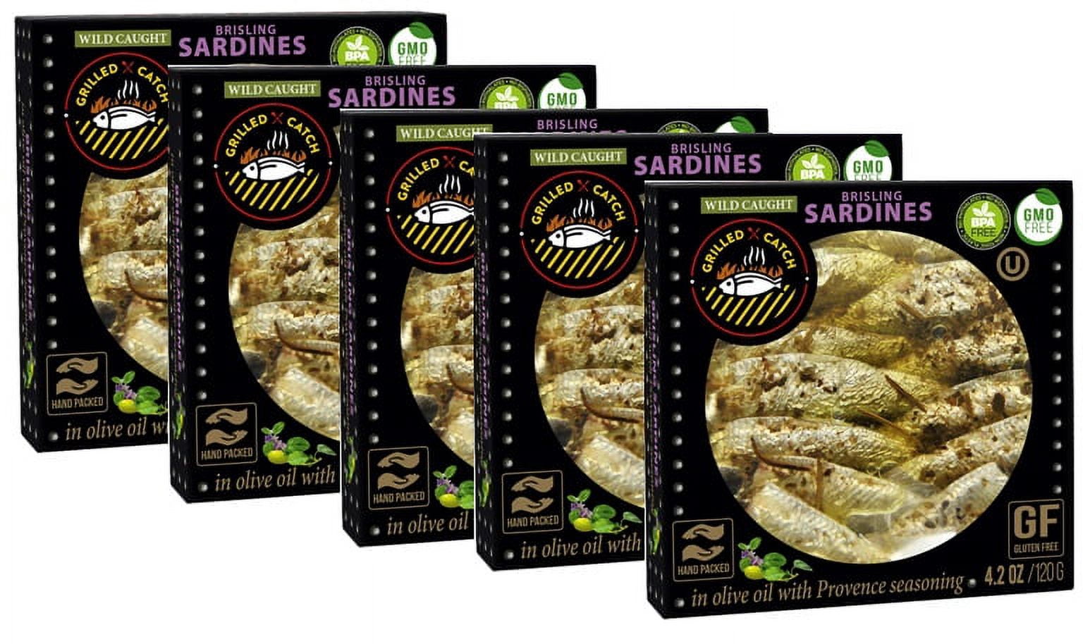 Grilled Catch Wild Caught Brisling Sardines in olive oil with Provence Seasoning, 4.2 Ounce (Pack of 5)