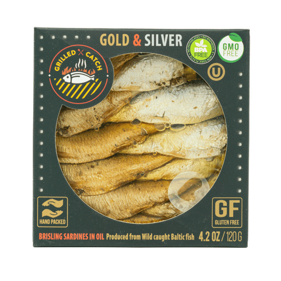 Grilled Catch Wild Caught Brisling Sardines in vegetable oil Gold & Silver, 4.2 Ounce (Pack of 5)