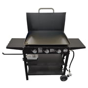 Grillers Choice Gas Griddle with Hinged Hood, Wind Guards, Front Grease Management, 4 Shelves, Propane