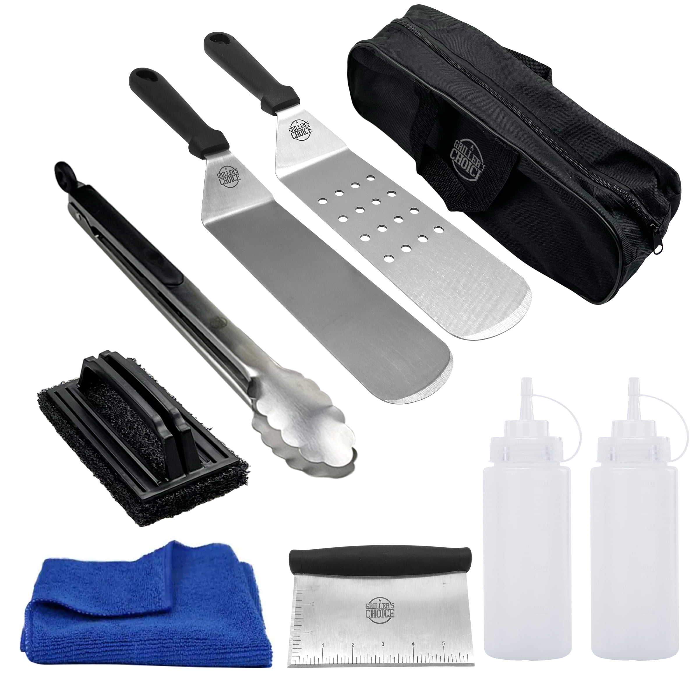 Grillers Choice- 9 PC Griddle Accessories Set- Metal Spatula Set, Commercial Heavy Duty Stainless Steel, Flat Top Grill, Hibachi Grilling Utensils- Designed by Chef and BBQ Judge