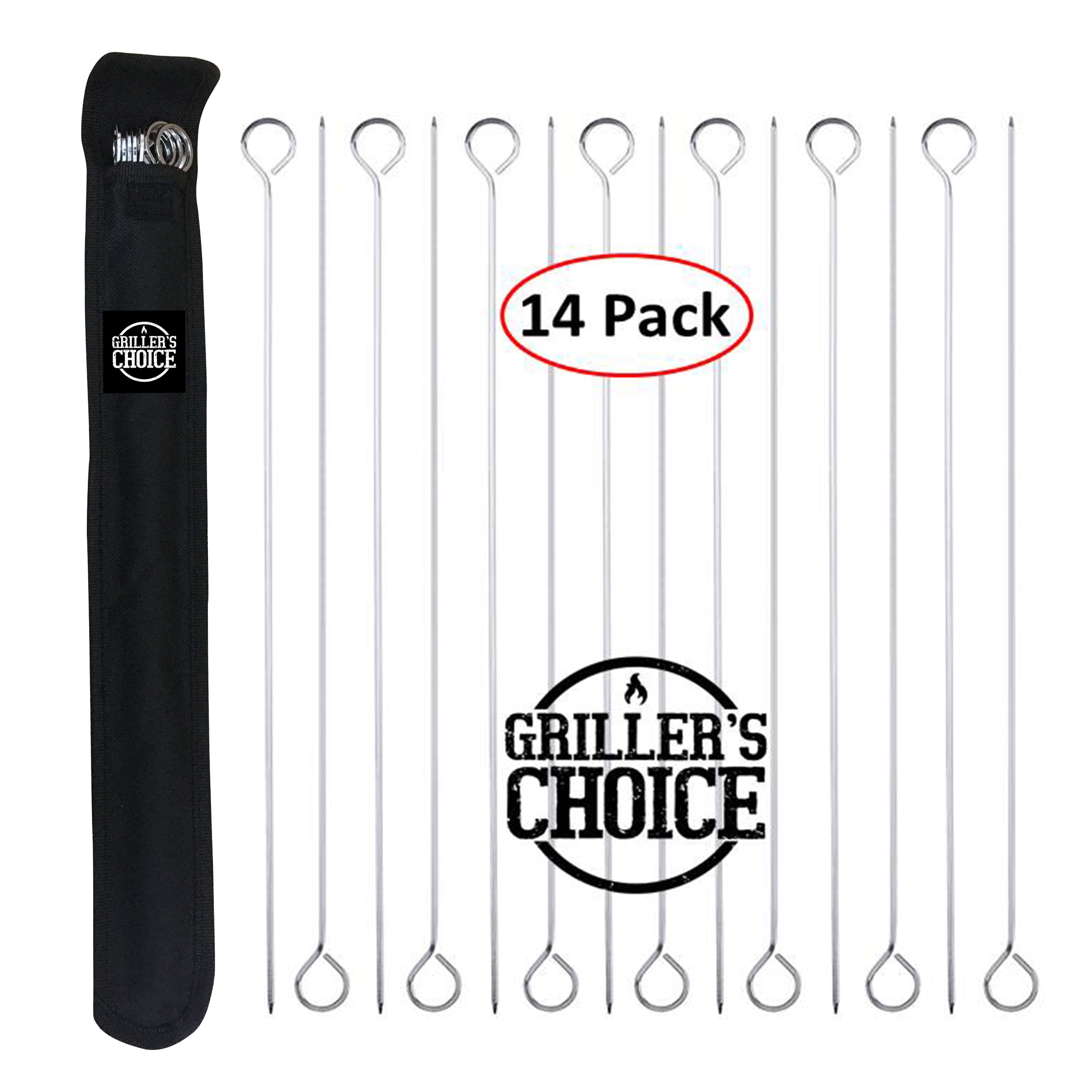 "Grillers Choice 15"" Stainless Steel Kabob Skewers, Set of 14 for Meat and Vegetables Grilling
