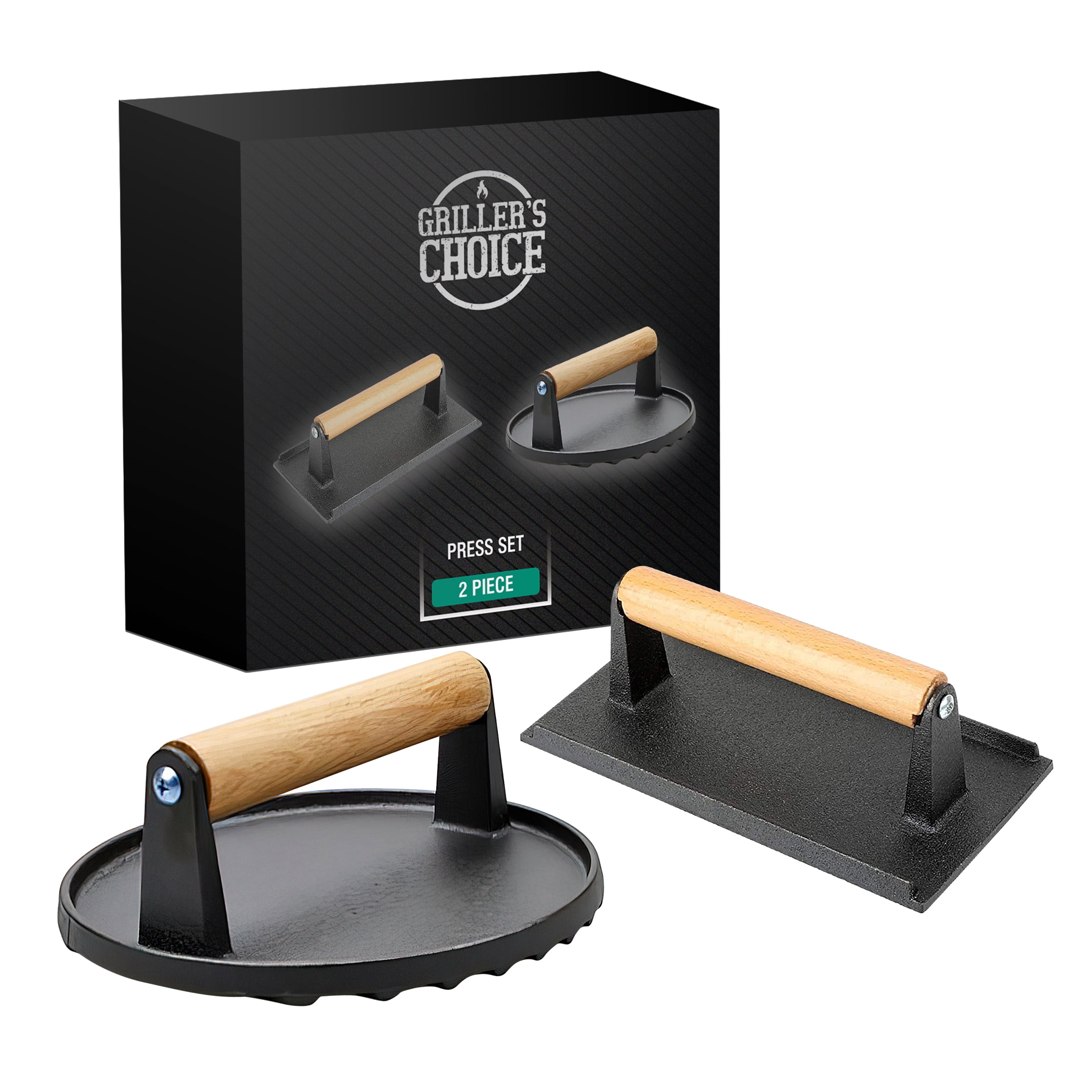 Grillers Choice Cast Iron Round and Rectangle Grill Press Set with Wooden Handle