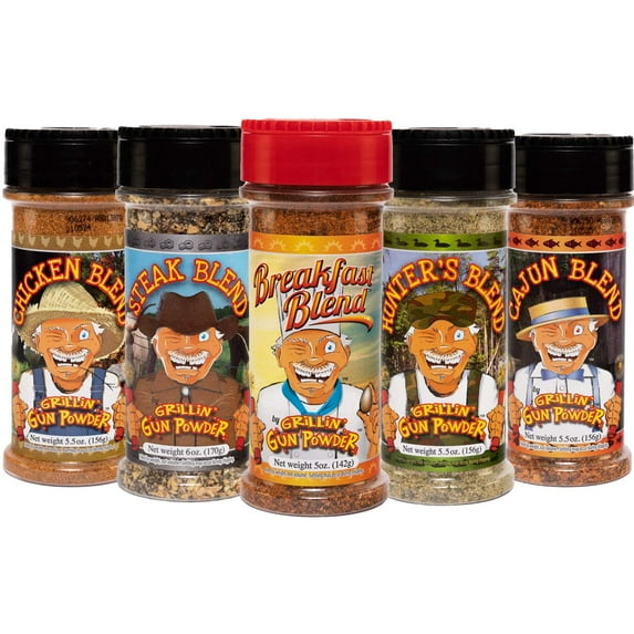 Grillin' GunPowder Seasoning Pack of Breakfast 5oz, Game 5.5oz, Cajun 5.5oz, Chicken 5.5oz, Steak 6oz.