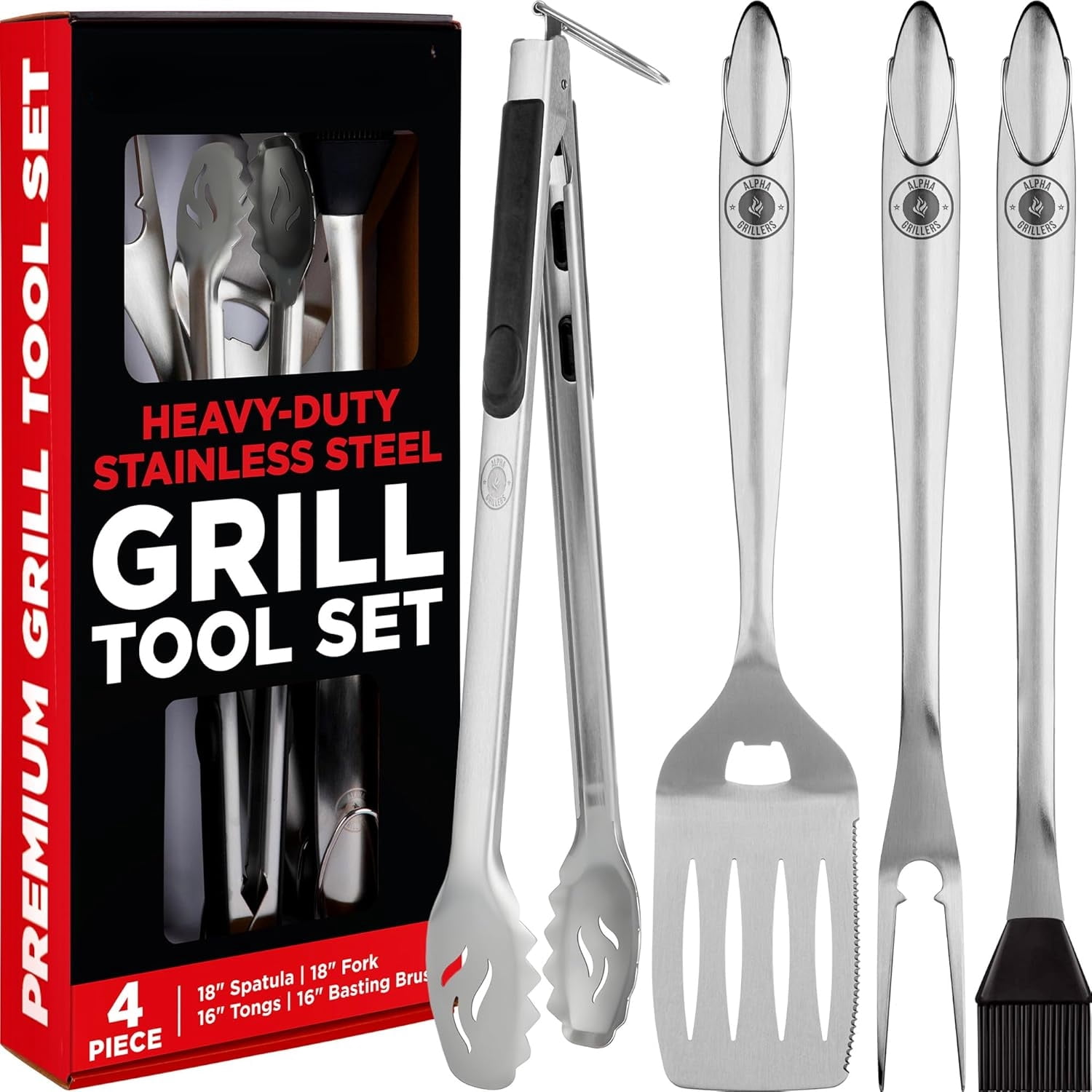Grilling Accessories - BBQ Accessories Grill Set with Spatula, Fork, Brush & Tongs - Outdoor Barbecue Utensils, Fathers Day Gift for Dad Husband Men Him Boyfriend
