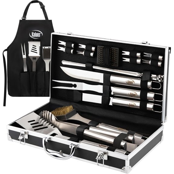 Grilling Accessories, Gifts for Men Christmas Grilling Gifts for Dad, Heavy Duty Stainless Steel BBQ Grill Tools Set for Outdoor Grill with Aluminum Case and Apron, Birthday Gifts for Men Dad