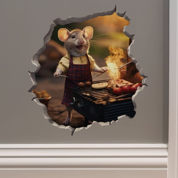 Grilling BBQ Mouse in Mouse Hole Decal - Mouse Hole 3D Wall Sticker