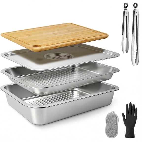 9pcs Grilling Prep and Serve Trays, Stainless Steel Large Capacity Grill Prep Trays and Carry System, Marinating Container with Lid, Cutting Board, Food Tongs, Gloves &Cloth